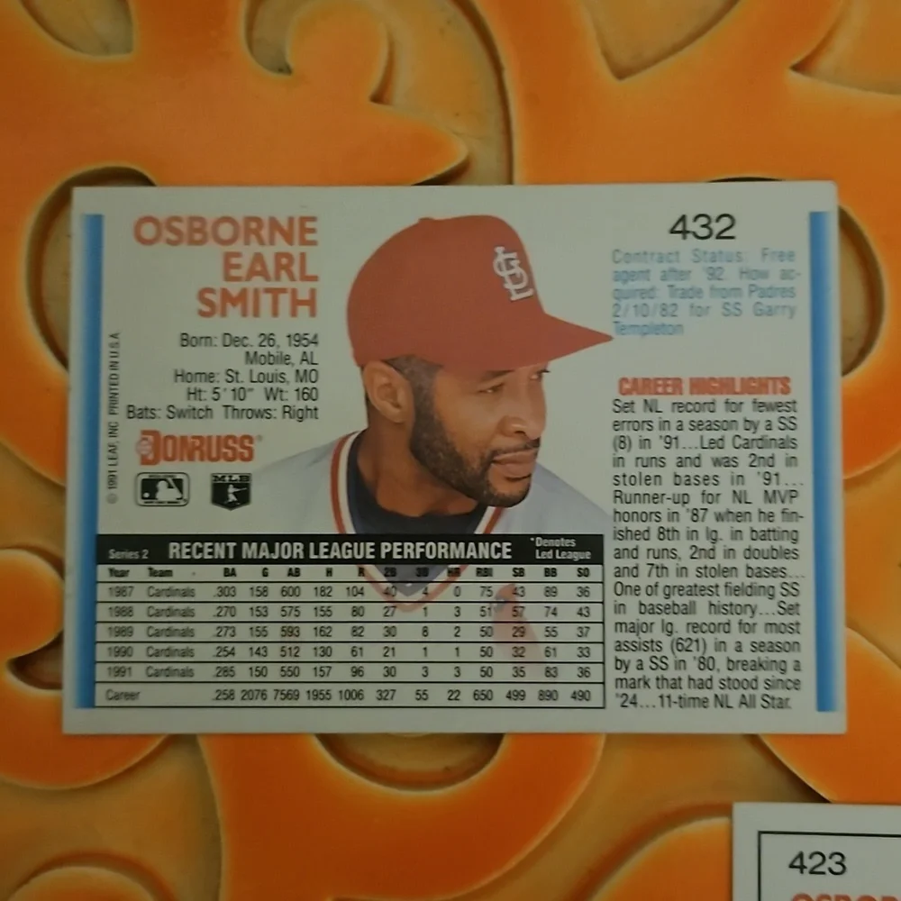 Donruss Ozzie Smith Saint Louis Cardinals 1992 card # 432 and #423 2 pack